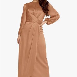 Satin Rust Long Sleeve Maxi Dress, formal attire, modest